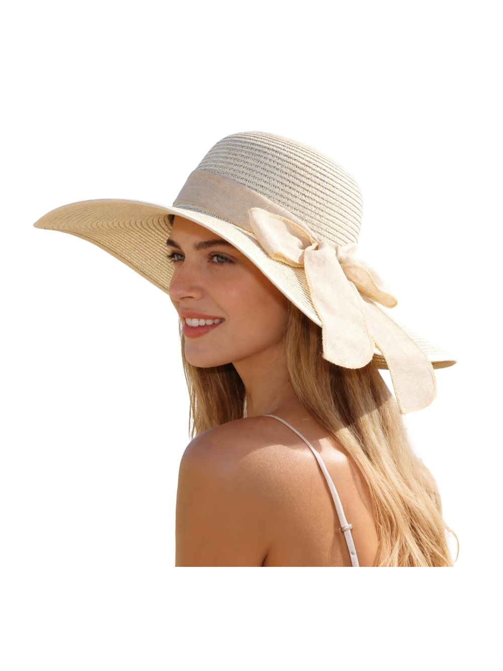 Summer Beach Straw Hats for Women, Wide Brim Sun Hat Foldable | Beige | Size OS